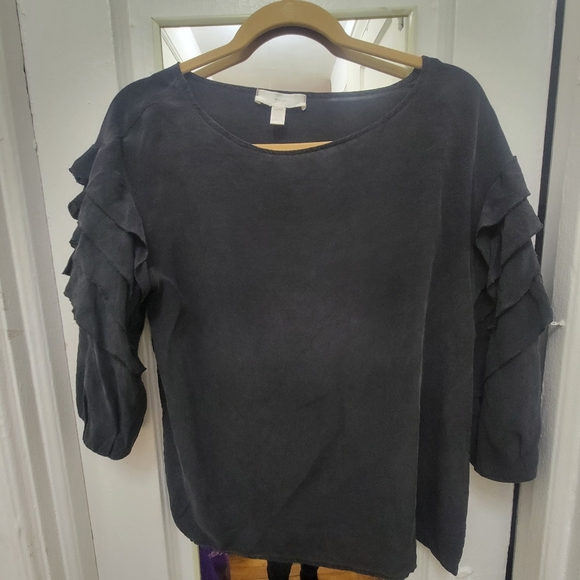 Ya Da Tops - Silk Whimsigoth Black Tiered Ruffle Sleeve Top EUC M Fairycore Grunge Indie Boho